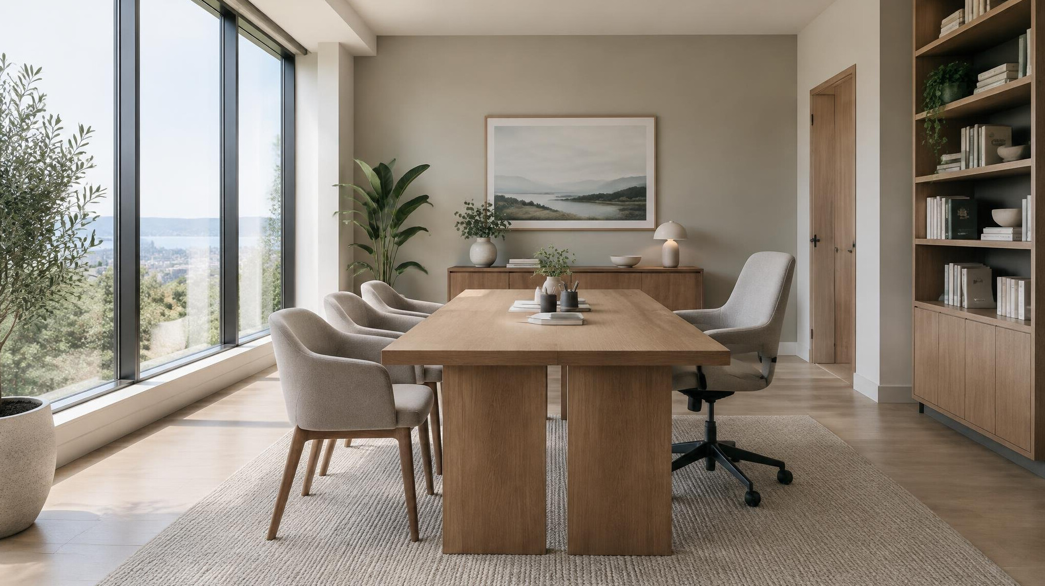 Quiet modern consultation room with large windows and soft natural light
